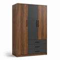 Armoire en bois d'ingénierie avec placage en noyer, trois portes et trois tiroirs
