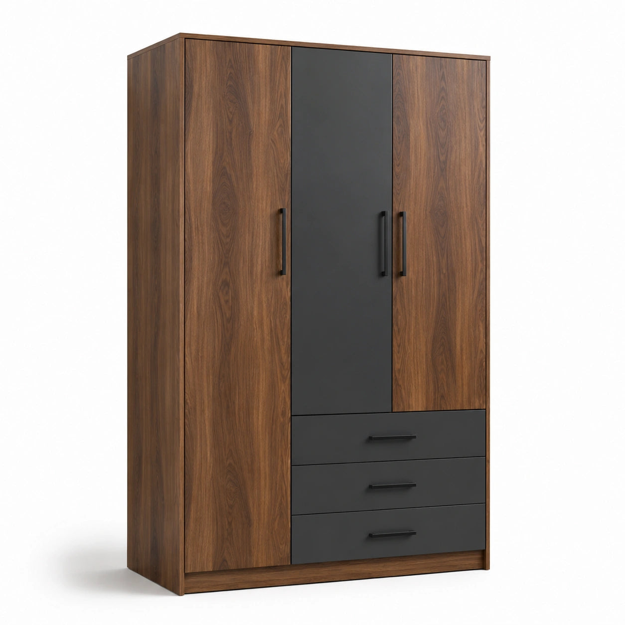 Armoire en bois d'ingénierie avec placage en noyer, trois portes et trois tiroirs