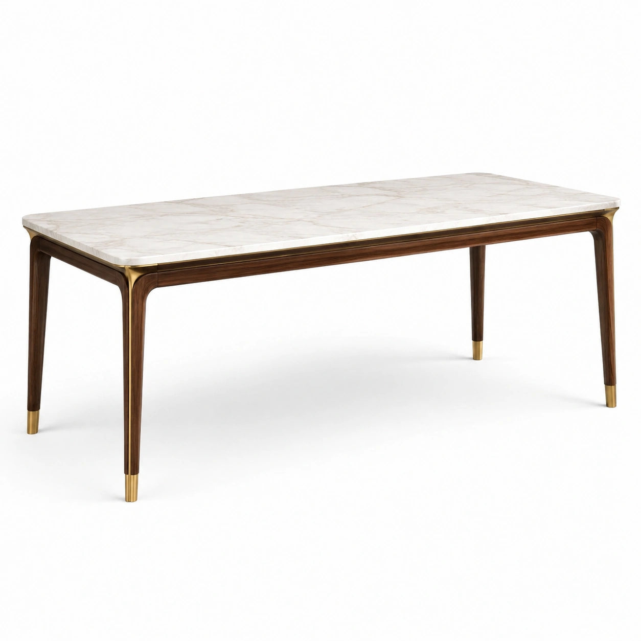 Table en marbre blanc et bois avec accents en laiton 200x90x75 cm