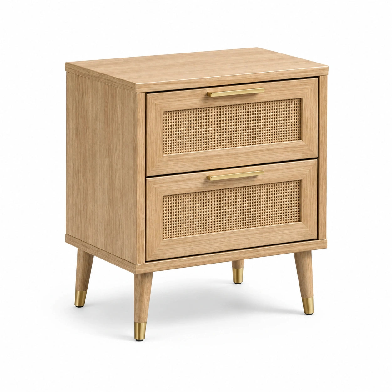Table de chevet en bois clair avec tiroirs en rotin