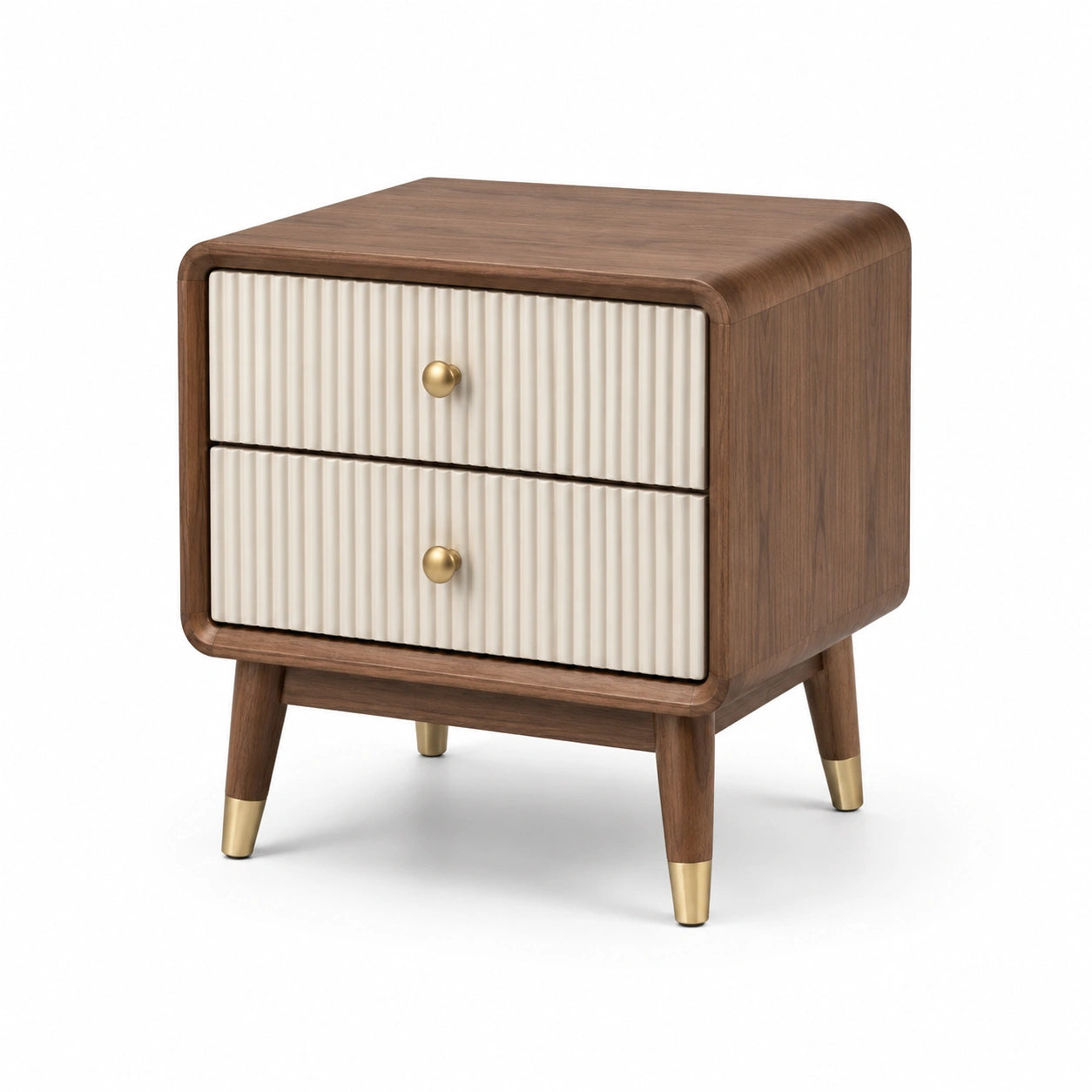 Table de chevet en bois massif noyer et beige avec 2 tiroirs