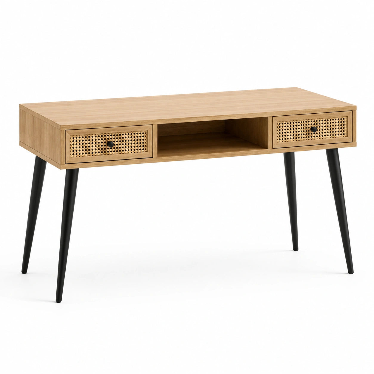 Bureau en bois de chêne avec tiroirs en rotin et pieds en métal noir