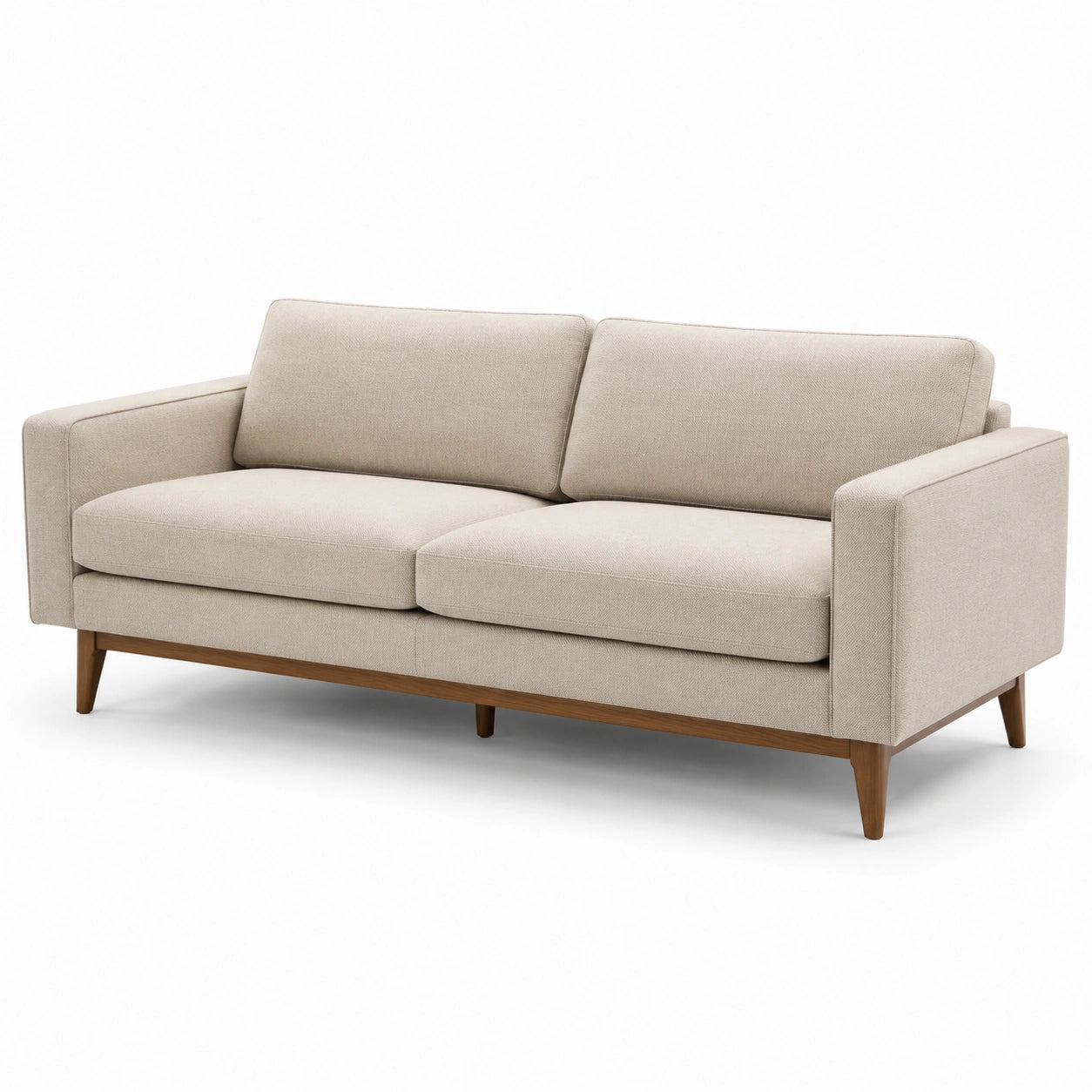 Canapé 3 places en tissu polyester beige avec pieds en bois de chêne