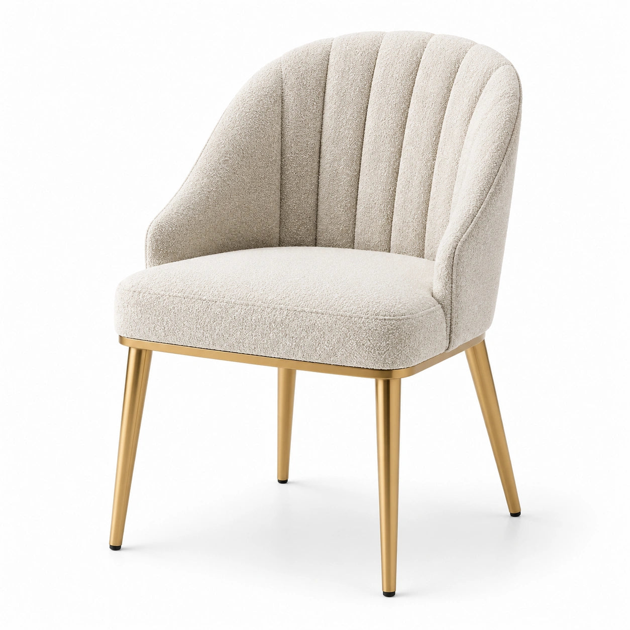 Chaise en tissu bouclé blanc crème avec pieds en métal doré