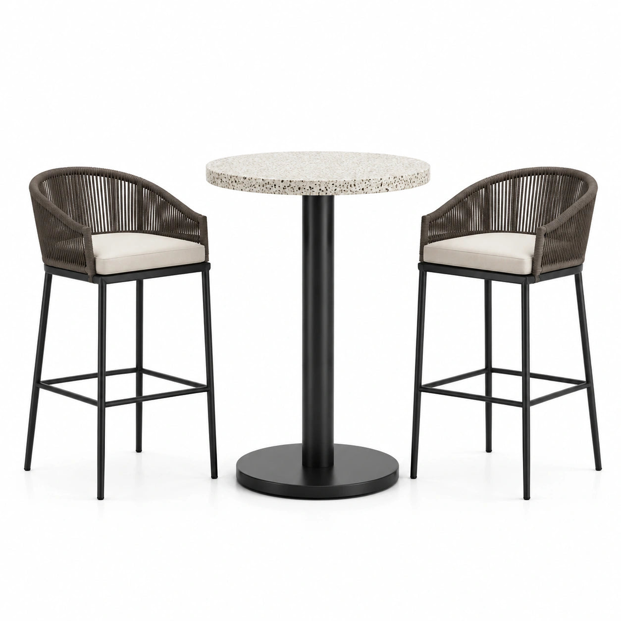 Ensemble table haute en terrazzo avec tabourets en métal et corde