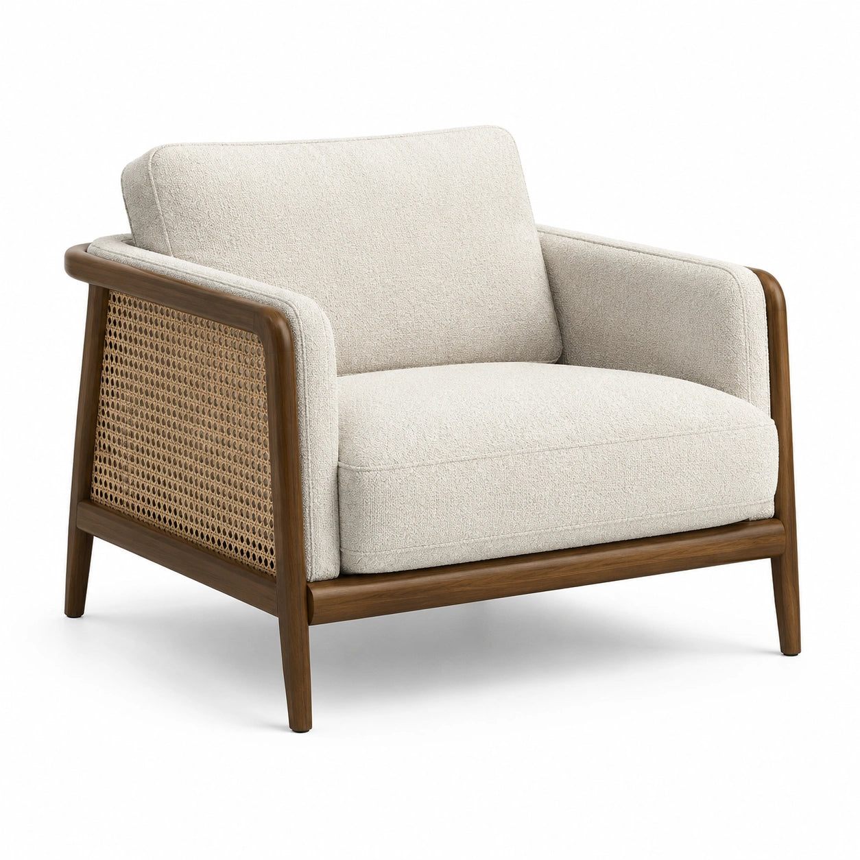 Fauteuil en bois avec tissu polyester beige et rotin