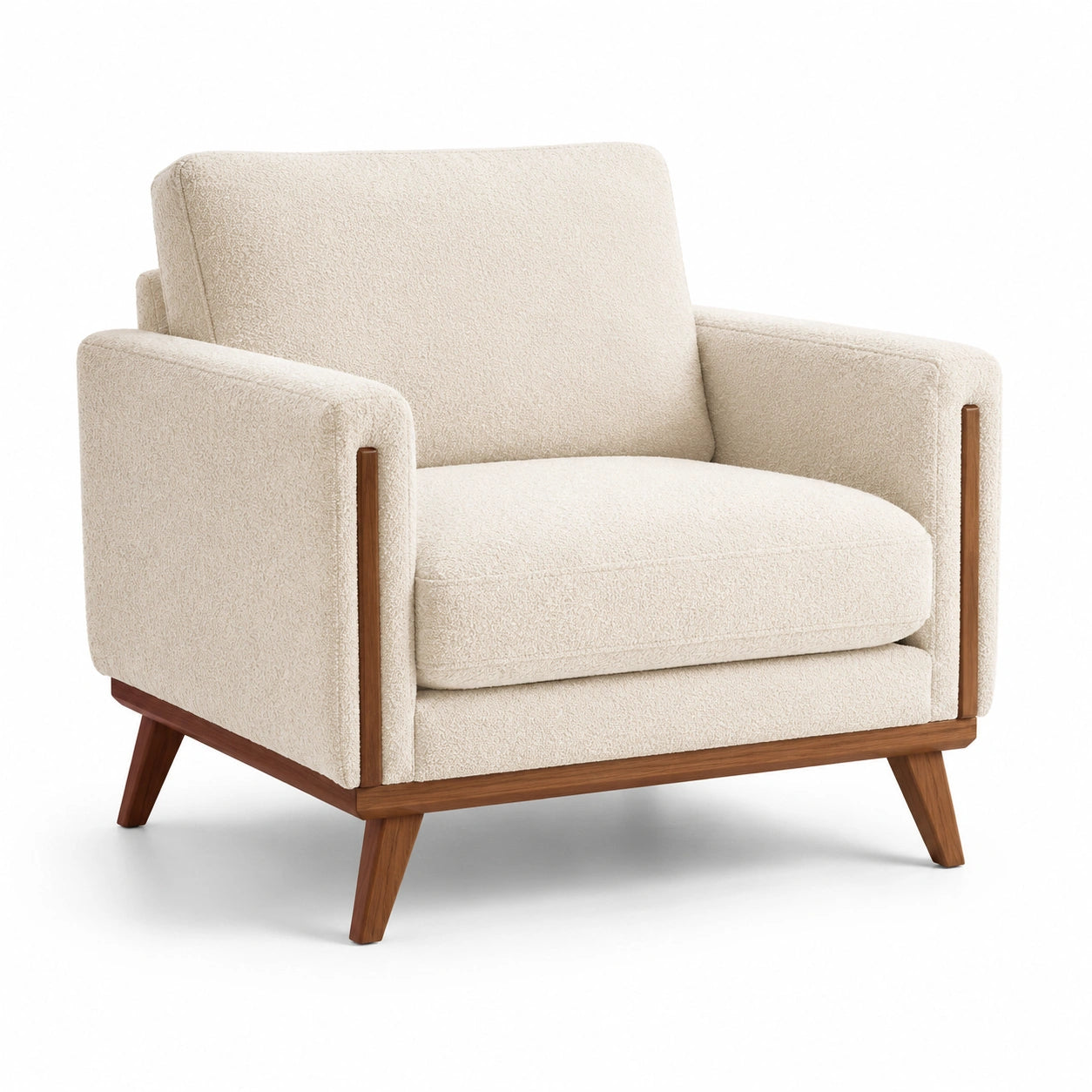 Fauteuil en tissu bouclé beige avec structure en bois massif
