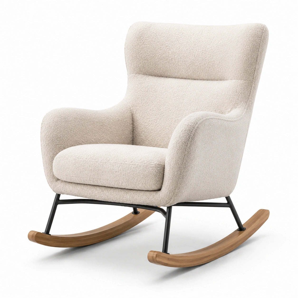 Fauteuil à bascule en tissu bouclette beige avec cadre métallique et patins en bois