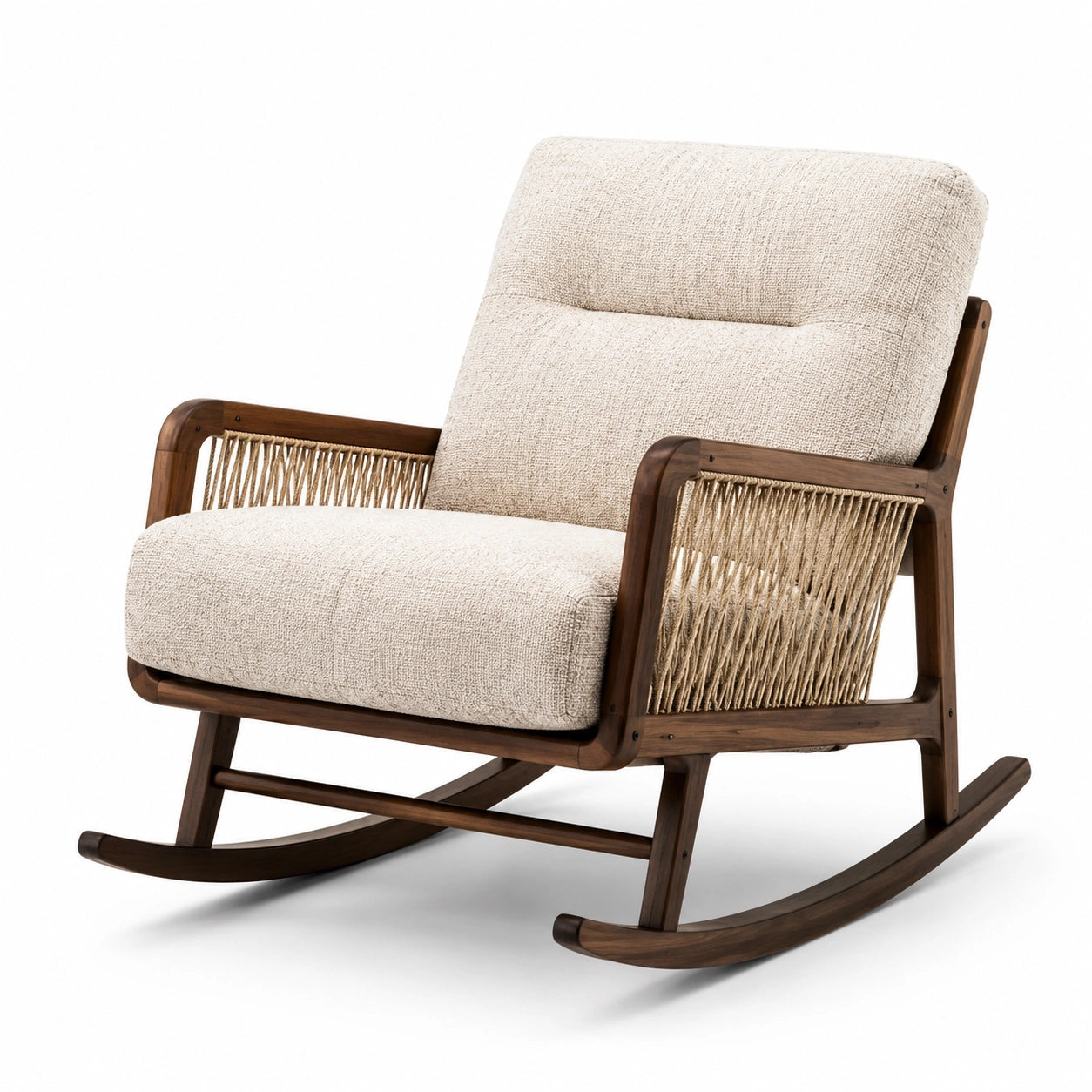 Fauteuil à bascule en bois et tissu beige