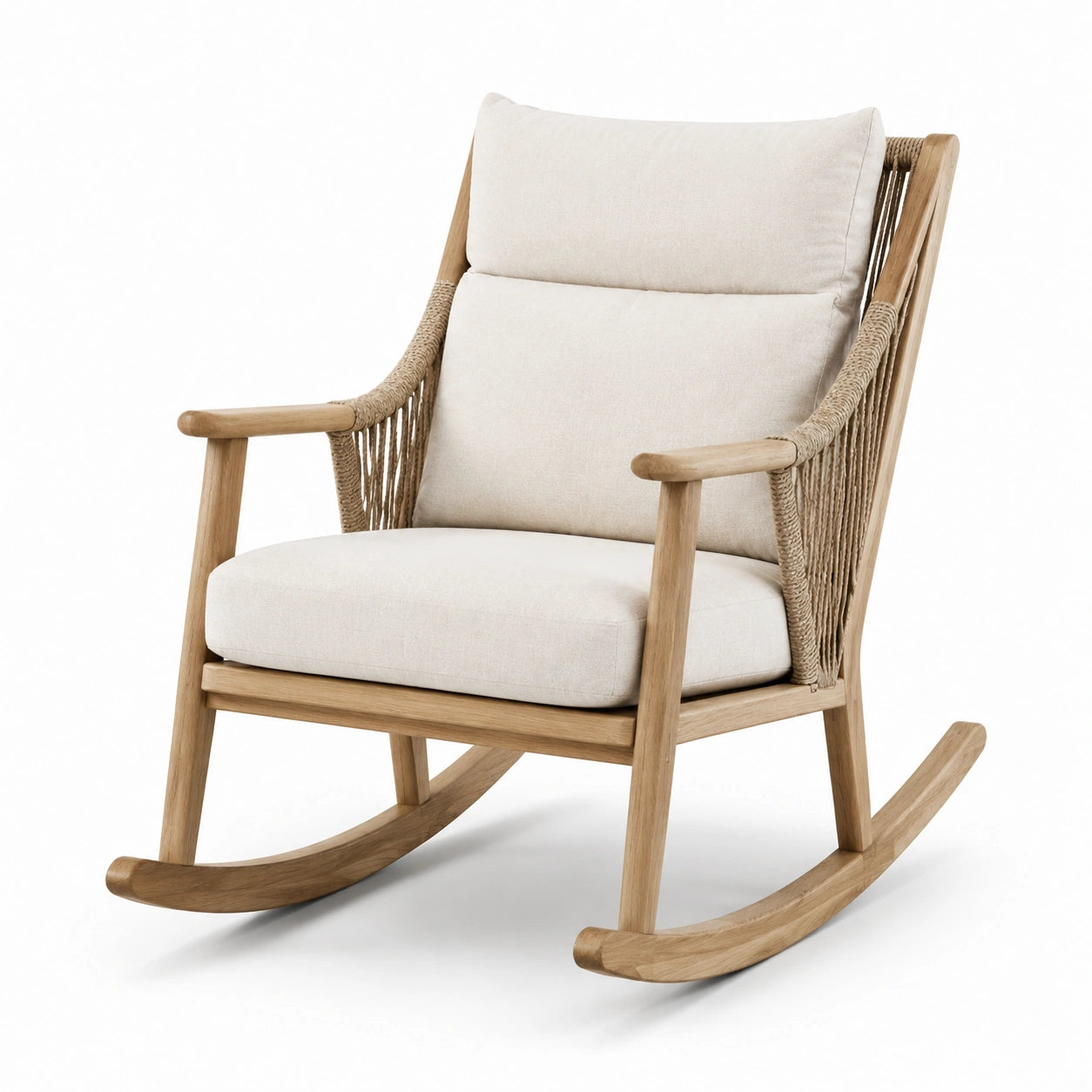 Chaise à bascule en bois de chêne avec coussins en lin beige