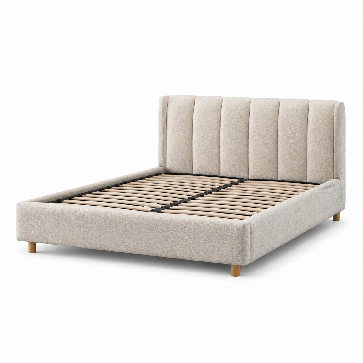 Lit double en bois et tissu polyester beige 160x200 cm