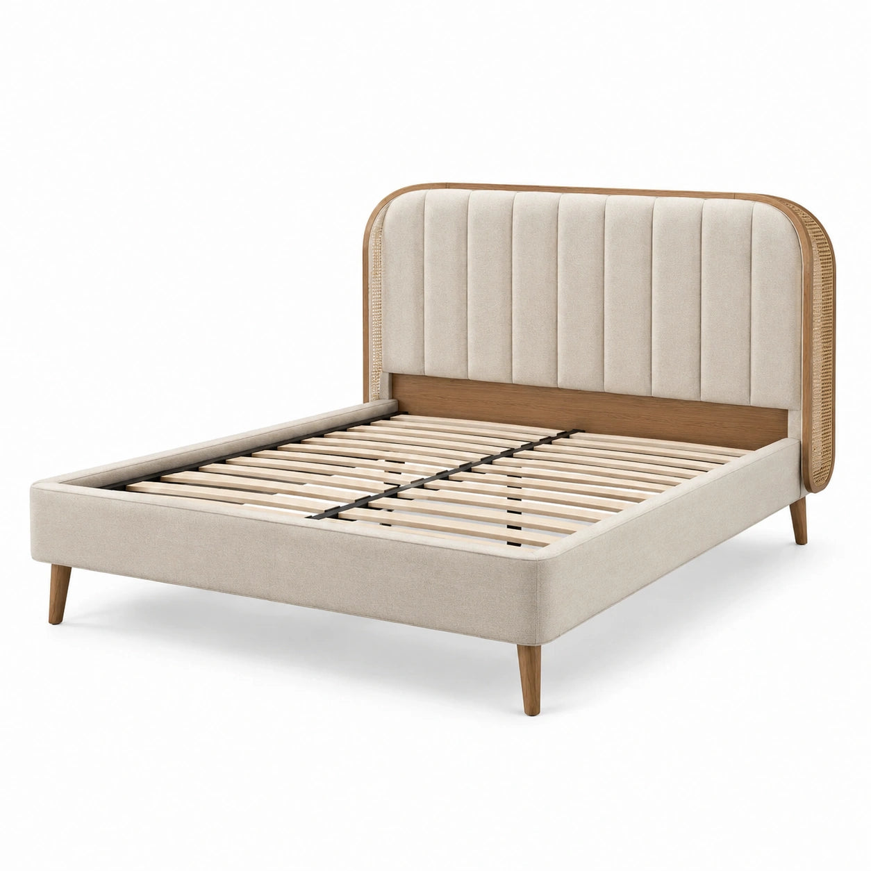 Lit double en bois avec tête de lit en tissu beige 200x160 cm